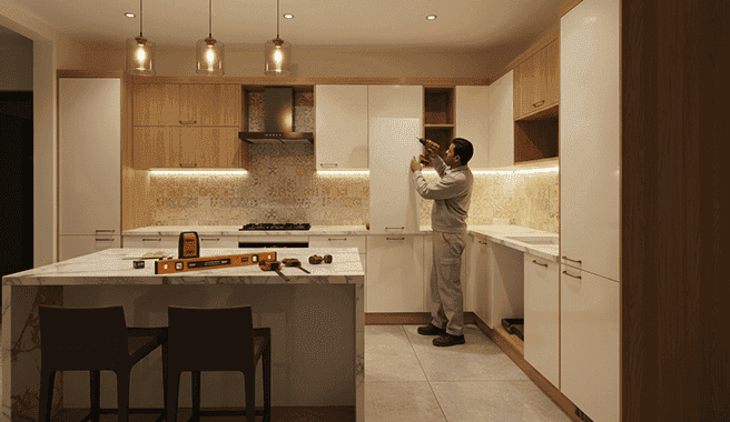 A fitter installing a laminate kitchen front